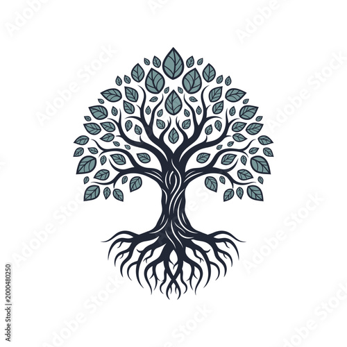 Stylized Tree of Life with Roots and Leaves, Emblematic Symbol of Growth and Nature