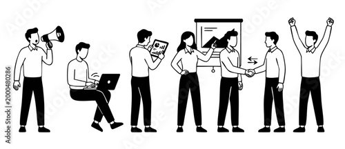 Business Team Work Process Flat Illustration - Office Productivity and Corporate Collaboration, Professional People Activities, Management Concepts, Startup Communication, Handshake and Data Presentat