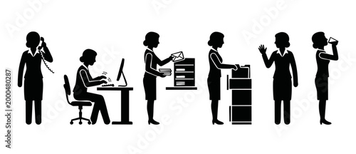 Business woman silhouette icon set, office daily work routine activities, professional female characters doing tasks, typing, printing, talking on phone, drinking coffee, minimalist vector illustratio