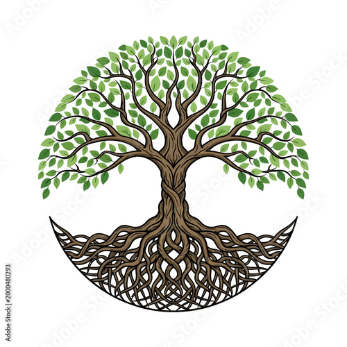 Stylized Tree of Life with Lush Green Leaves and Intricate Roots in Circle