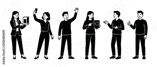People Set Showing Products and Gestures, Business Professional Group Characters in Minimalist Black and White Vector Style for Presentation or Marketing Website Infographic Design Elements Collection
