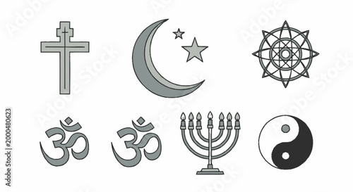 Diverse Religious and Spiritual Symbols Collection Cross, Crescent Moon, Dharma Wheel, Om, Menorah, and Yin Yang