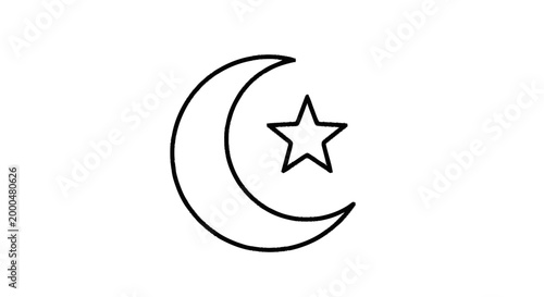 Minimalist Monoline Crescent Moon and Star Icon Vector Illustration, Simple Outline Celestial Symbol for Spiritual, Islamic, or Astronomical Design Elements