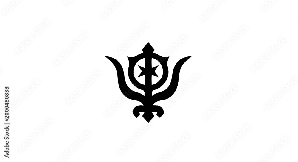 Fototapeta premium An abstract symbol with a star-like element at its center, rendered in a stylized, dark silhouette against a plain white background