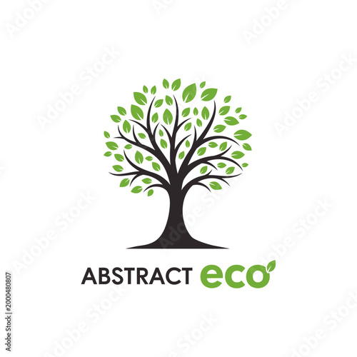 Abstract Eco Tree Logo - Green Leaves and Black Trunk on White Background
