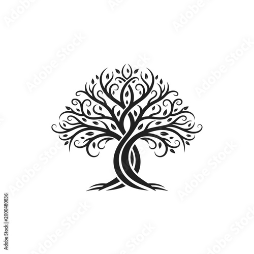 Abstract Tree of Life Vector Art, Stylized Swirling Branches and Leaves, Black Silhouette