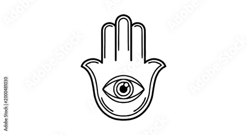 A black outline of the Hamsa hand symbol with an eye in the palm, symbolizing protection and good fortune, depicted as a minimalist graphic
