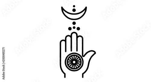 Jainism Ahimsa Hand Symbol with Dharma Chakra and Moon Crescent - Black Line Art Vector Illustration Representing Peace and Spirituality