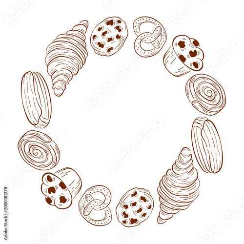 Wreath with line art style bakery pastries arranged in circular frame. Illustration with croissant, pretzel, muffin and cookies for menu, packaging and textile design.