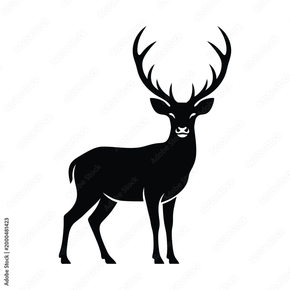 Obraz premium Majestic deer silhouette with large antlers, black stag vector icon, wild buck animal profile on white background