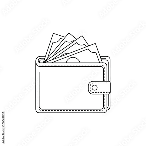 A black and white line drawing of a wallet with banknotes sticking out.