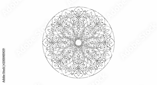 Ornate circular geometric mandala pattern in black and white, an intricate hand-drawn design perfect for meditation, spiritual practices, or decorative backgrounds