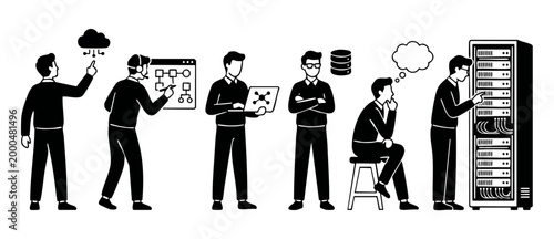 IT Professionals Team Working on Cloud Computing, Network Infrastructure, and Server Room Maintenance, Business Development, System Administration, Flat Vector Line Art Illustration Set for Technology