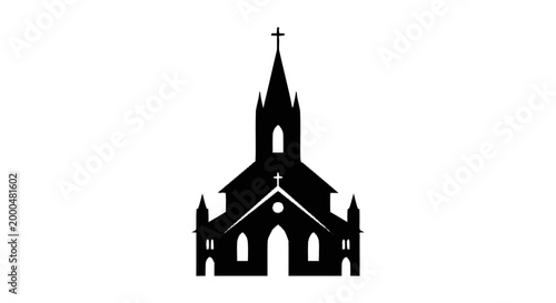 Black Silhouette of a Classic Church Building with Steeple and Archways, a Timeless Architectural Symbol