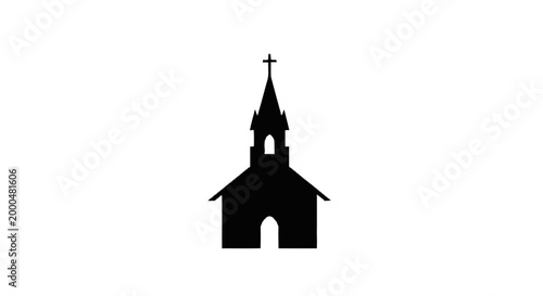 Black silhouette of a classic church building with a steeple and cross, representing faith and community gathering places, isolated on a white background