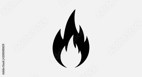 A minimalist black flame icon against a light grey background, representing fire, heat, and energy in a simple, stylized design