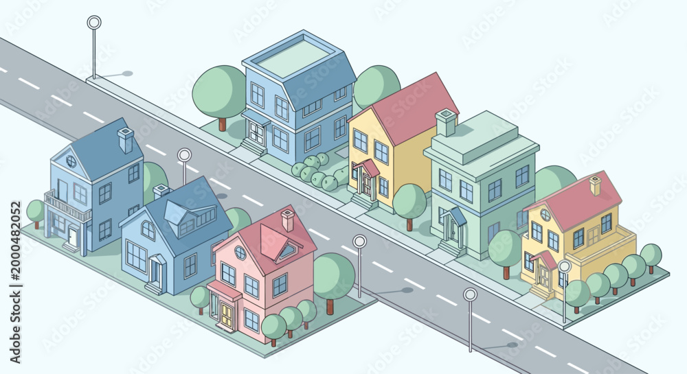 Obraz na płótnie Vector illustration of a colorful neighborhood street