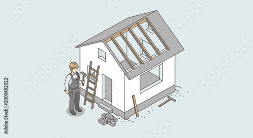 Vector Illustration of a Construction Worker Building a House