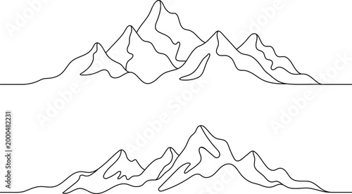 Minimal One Line Mountain Peaks Set, Continuous Line Landscape Illustration, Abstract Nature Outline Drawing, Modern Simple Vector Collection