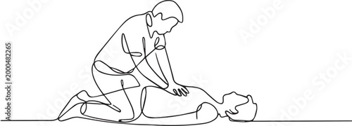 Continuous line drawing of a person performing cpr on another