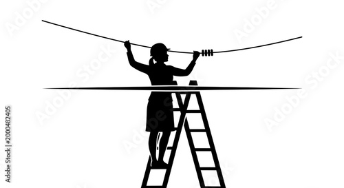 Silhouette of a woman balancing on a ladder holding a tightrope.