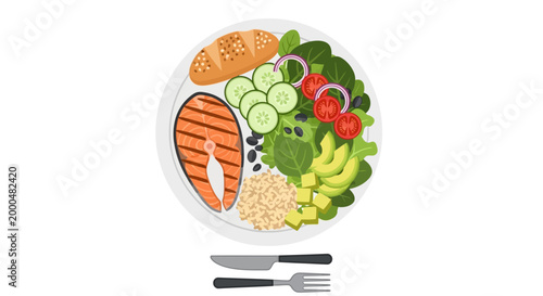 vector illustration of a healthy meal with salmon and vegetables