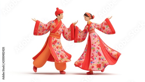 Joyful Dance of 3D Figurines in Vibrant Red and Pink Floral Traditional Robes