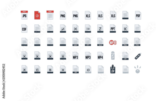 File Formats Extension Icon Set. Flat Vector Diverse Symbols for PDF, JPG, PNG, and DOC Document.