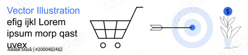 E-commerce, online shopping, business strategy, financial growth, investment, digital marketing. Shopping cart, dartboard with arrow money plant with dollar symbol. E-commerce and financial growth