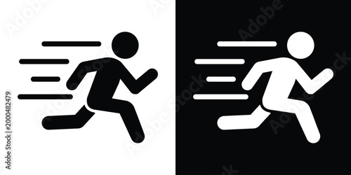 Icon of a person sprinting with motion lines indicating high speed. Symbolizes urgency, fast pace, intense athletics, or rapid movement. Professional black and white vector illustration for UI design.