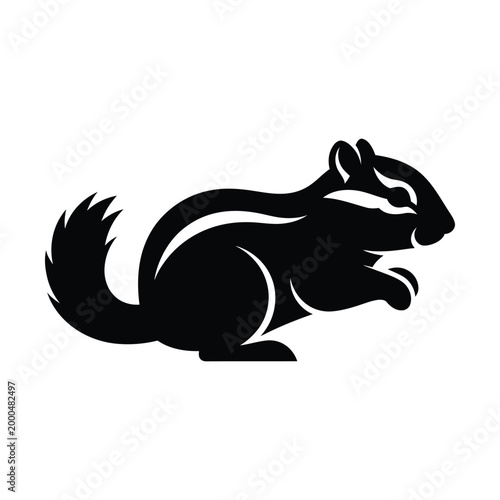 Minimalist chipmunk vector logo, black silhouette of a wild ground squirrel, stylized forest animal icon for branding