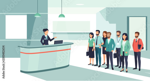 Receptionist assisting queue of diverse people at modern office reception desk