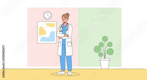 Female Doctor Standing Confidently in Modern Clinic Waiting Room with Plant and Art