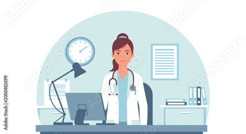 Female Doctor Working at Desk in Clinic Office with Stethoscope and Computer