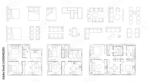 Set of furniture icons for architectural floor plans including beds, sofas, dining tables, and chairs