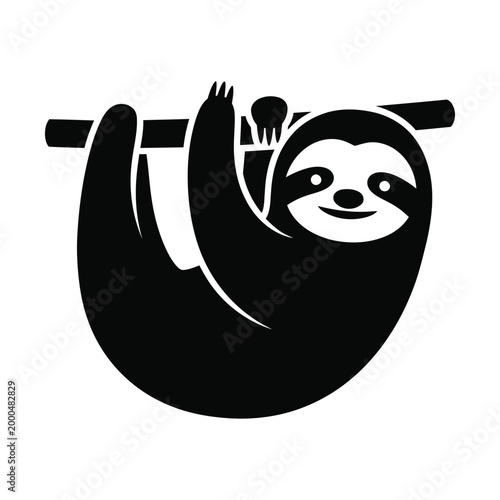 Minimalist sloth vector icon, black silhouette of a cute sloth hanging on a branch, simple animal logo design element