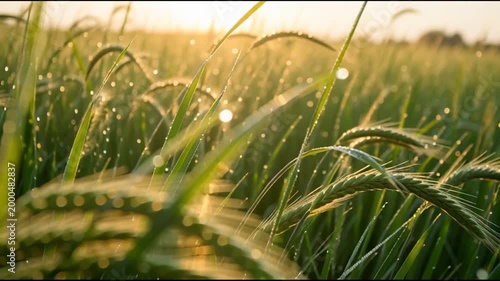 Morning sun over green grass and wheat field in a natural meadow landscape with plants and gentle wind in summer season