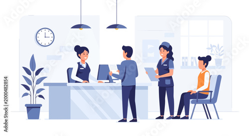 Medical Reception Area: Patients and Staff at Clinic Desk with Clock