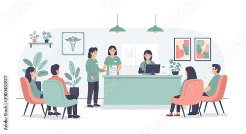 Medical Reception Area with Patients Waiting and Staff Assisting