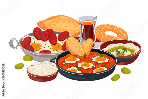 Turkish breakfast with menemen, fried eggs, simit, bread, tea and dips. Traditional food illustration for cafe menu in cartoon.