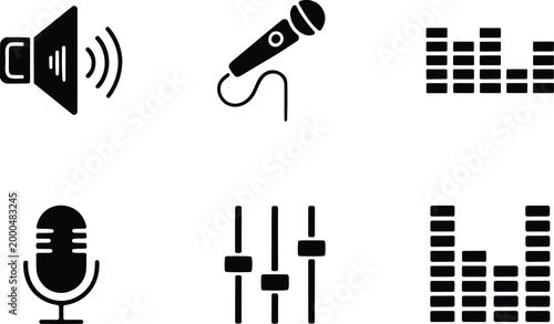 Black silhouette icons representing audio equipment sound levels and music equalization