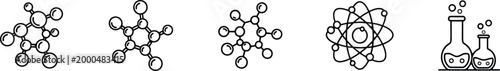 Illustrative line art of chemical structures and laboratory equipment for scientific representation