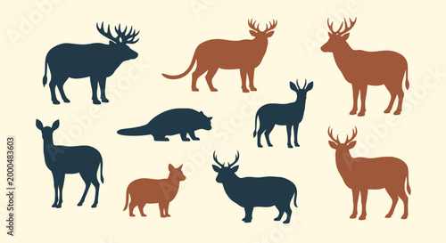 Vector Illustration of Deer Silhouettes in Various Poses