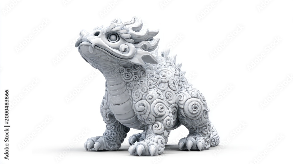 Fototapeta premium Majestic White Qilin Figurine with Intricate Swirling Cloud-Like Details