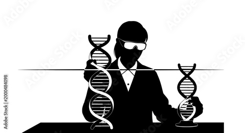 Silhouette of a scientist conducting research with DNA structures in a laboratory setting.