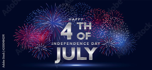 Happy 4th of July Independence Day background with vibrant fireworks and silver lettering . Festive illustration with us fireworks color perfect for patriotic celebrations, banners, posters