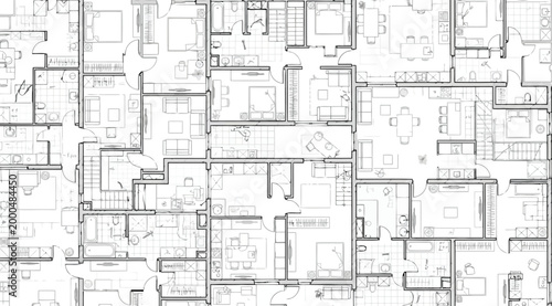 Detailed architectural floor plan blueprint of multiple apartments technical drawing of building layout with rooms, furniture, and dimensions