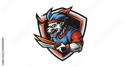 Wolf mascot with sword in shield emblem vector illustration