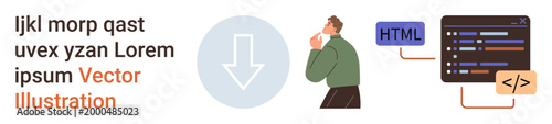 Web development, coding education, software development, ideas, problem-solving, programming. A man pondering, HTML code snippet and a download icon. Web development and coding education concept