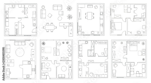 Set of apartment floor plans with diverse furniture arrangements, showcasing living spaces, kitchens, and bedrooms in various configurations